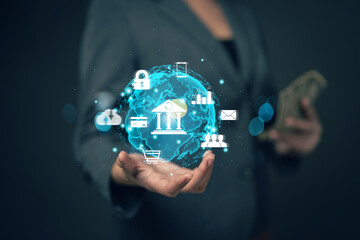 Poster - Businessman holding money using New Relations virtual reality bank image. Banking transactions with futuristic technology. Financial planning. Online deposits..