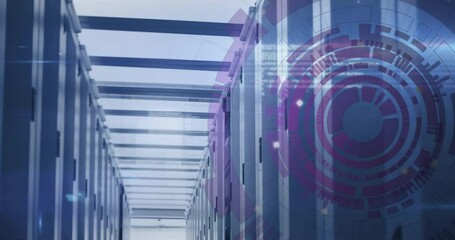 Poster - Server cabinets being rendered in narrow 3D data center aisle, with LED lights and HUD overlay