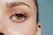 © VICHIZH - Close-up portrait of a woman showcasing her expressive green eyes and flawless skin against a soft blue background, capturing beauty and emotion.
