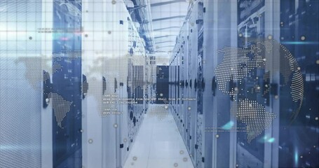Poster - Data center corridor glowing with blue ambient lighting, showing floating world map, scrolling code