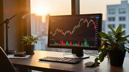 Poster - Modern Workspace Setup with Financial Graphs on Computer Monitor and Green Plants Against City Skyline at Sunset
