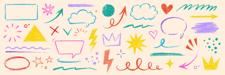 Aufkleber - Arrow line hand drawn brush sketch element set. Grunge square, heart, arrow element scribble line brush hand drawn sketch design. Texture abstract chalk, crayon pencil style. Vector illustration