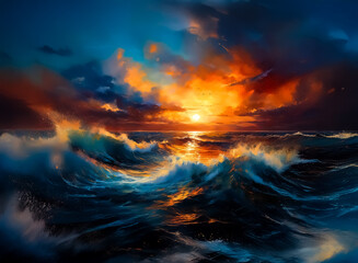 Leinwandbilder - Dramatic ocean scene with stormy waves and a fiery sunset. The vivid colors create a powerful atmosphere. The setting sun's light reflects on the water.