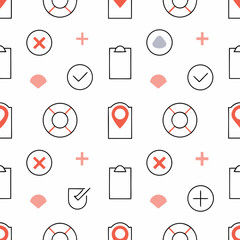 Poster - Seamless Vector Modern Background, Minimalist pattern featuring various icons like check marks, crosses, and shapes grid layout, creating modern and clean design, on white background, commercial use