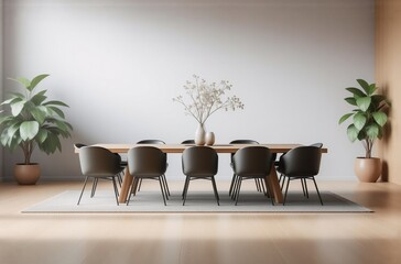 Poster - Modern minimalist dining room.  Long wooden table with black chairs, potted plants, and a simple centerpiece. Light and airy atmosphere.