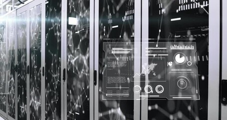 Poster - Server racks being visualized through holographic interface charts and network nodes in 3D render