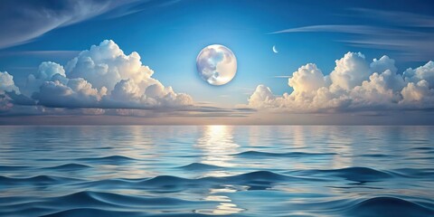 Wall Mural - serene ocean seascape with a large celestial body and puffy clouds at sunset