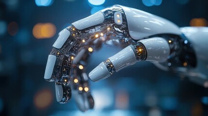 Poster - Close-up of a futuristic robotic hand with intricate details and glowing elements.