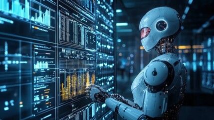 Poster - Futuristic robot interacting with data displays in a high-tech environment.