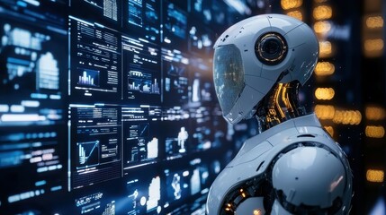 Poster - Futuristic humanoid robot against a backdrop of data screens.