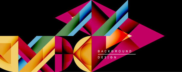 Aufkleber - Abstract geometric composition. Vibrant triangles overlap, creating dynamic visual effect. Bright colors contrast against dark background. Modern design element for digital projects.