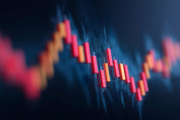 Aufkleber - A digital representation of fluctuating stock market data, featuring colorful candlestick charts in shades of red and orange against a dark background.
