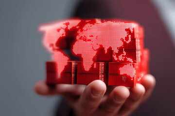 Aufkleber - A hand holds a digital representation of a world map made of shipping containers, symbolizing global trade and connectivity.
