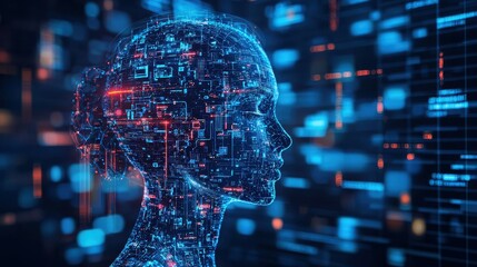 Poster - Futuristic digital face profile with glowing data streams and circuitry.