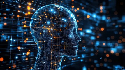 Poster - Abstract digital representation of a human head with glowing connections and data lines.