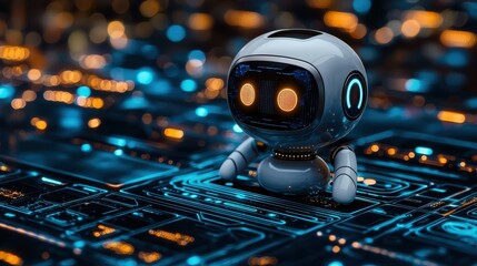 Poster - A cute, futuristic robot with glowing eyes on a circuit board background.