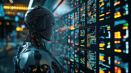 Poster - A futuristic humanoid robot analyzing data in a high-tech environment.