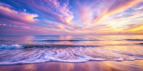 Wall Mural - serene seascape at dawn pastel hues paint the sky and ocean waves gently kiss the sandy shore