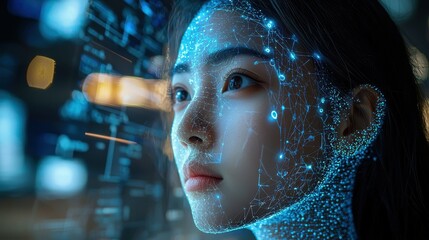 Poster - Close-up of a female Asian with digital visual effects on her face, representing technology.