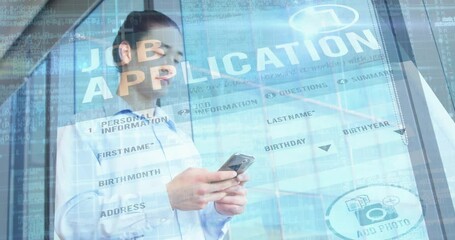 Poster - Man holding smartphone entering job application form in tech office, showing UI code overlays