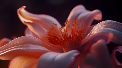 Poster - A close up of a beautiful delicate flower with soft pink petals surrounding an orange center captured in a contemporary cinematic lighting style that creates an mood