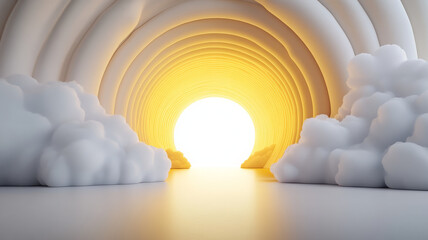 Poster - bright yellow light shines through soft, cloud filled tunnel, creating serene atmosphere