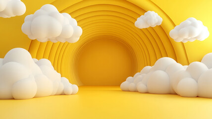 Poster - vibrant yellow scene featuring soft, fluffy clouds and curved archway creates cheerful