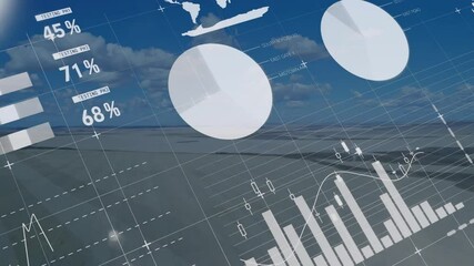 Poster - 3D render analytics overlay floating over open runway showing pie charts, bar chart and map