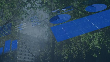 Poster - Floating holographic interface panels displaying grid layouts and data charts over forest canopy