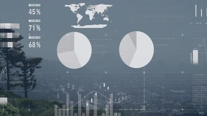 Poster - Data overlay floating over forest and cityscape, showing transparent pie charts and bar graphs