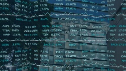 Poster - Financial data overlay displaying tickers, moving line graphs and percentages over glass facade