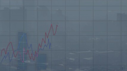 Poster - Financial trends unfolding over skyline, displaying red and blue line graphs in flat design grid