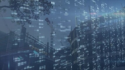 Poster - Concrete framework being built in foggy digital construction zone, tower cranes streaming overlays