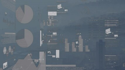 Poster - Interactive data dashboard displaying pie charts, stacked bar graphs  and  line charts over cityscap