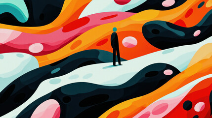 Poster - Abstract painting with vibrant swirling colors featu a solitary figure standing amidst colorful flowing shapes and dynamic patterns in an artistic composition