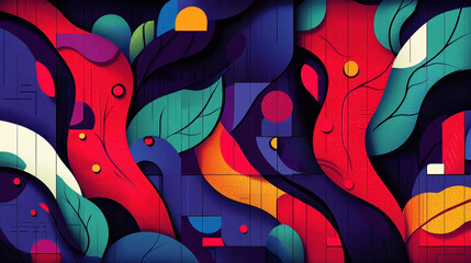 Poster - Vibrant abstract geometric art with flowing shapes and colorful patterns featu bold lines, curved forms, and dynamic design elements in a modern style
