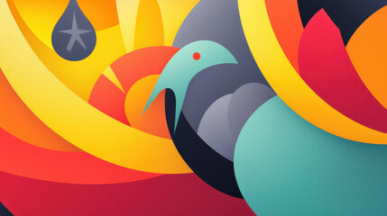 Poster - Vibrant abstract illustration of a colorful bird surrounded by swirling shapes and warm hues, modern digital artwork with smooth lines and bold design elements