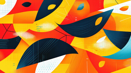 Poster - Abstract modern geometric art with vibrant colors, dynamic shapes, and curved lines creating a lively and eye-catching visual composition for design projects