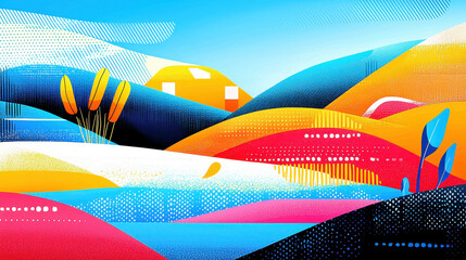 Poster - Vibrant abstract landscape painting with colorful flowing shapes and geometric patterns in blue yellow red pink and orange hues on a bright background