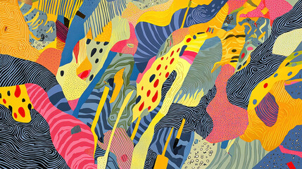 Poster - Vibrant Abstract Art Featu Colorful Organic Shapes and Intricate Line Patterns in Bright Yellow Pink Blue and Green Palette