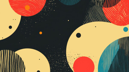 Poster - Abstract art background with colorful circles and lines in black space with textured patterns and splashes of red yellow blue and beige for modern design