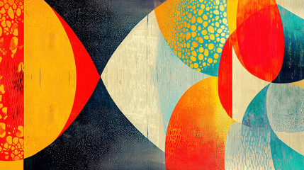 Poster - Abstract geometric art with vibrant colors and textured patterns featu overlapping circles and semi-circles in red orange blue yellow and green