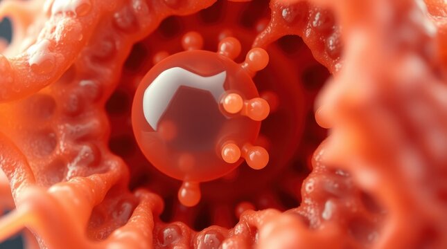 Dynamic,  abstract,  coral-hued  explosion,  focused  on  central  liquid sphere.  Cellular,  organic  structure