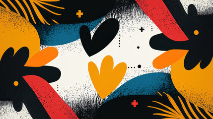 Poster - Abstract colorful geometric shapes with bold black outlines and textured background in vibrant yellow, red, blue, and black with heart and dash accents, artistic style