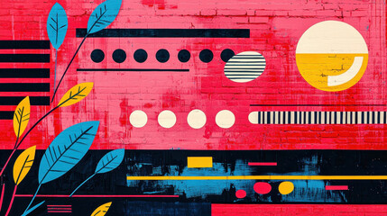 Poster - Abstract colorful digital background with vibrant geometric shapes lines and circles on textured red wall with decorative leaves for modern artistic design