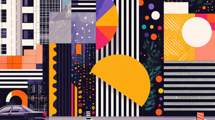 Poster - Vibrant abstract geometric pattern collage featu bold shapes stripes polka dots color blocks and dynamic design elements in vivid colors for modern art backgrounds