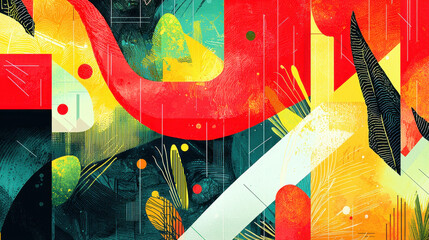 Poster - Abstract colorful modern artwork featu vibrant shapes, bold lines, dynamic splashes, and energetic composition with a mix of bright hues and textured design
