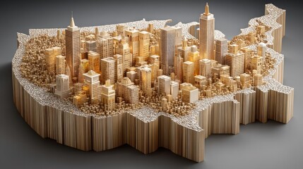 Poster - artistic representation of a city constructed from wood depicting affordable housing concepts and ur