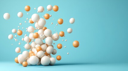 Poster - Colorful Abstract Arrangement of White and Peach Spheres of Various Sizes Falling and Floating Against a Bright Cyan Background