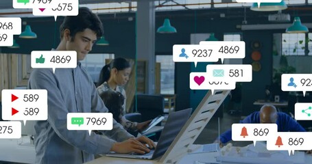 Poster - Marketing team collaborating in modern office, showing floating likes hearts comments shares icons